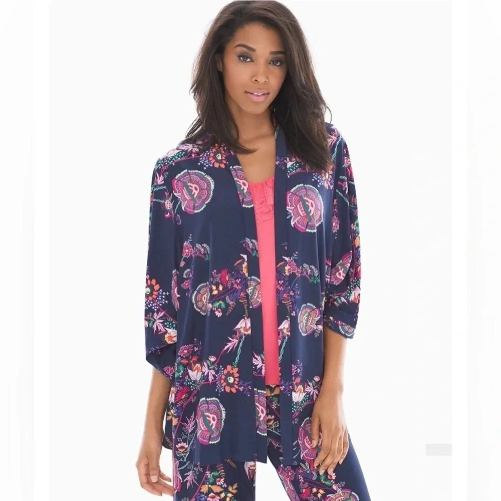 Soma Bliss Knit Pajama Wrap Kimono Top Floral Size Large Navy Blue Pink Cardigan